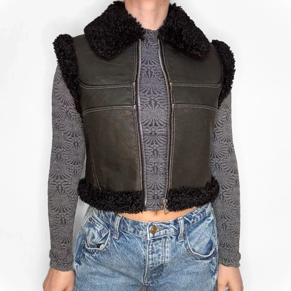 BDG /Urban Outfitters Donald Faux Leather Sherpa Moto Vest NWOT Size S-P Black